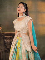 Ivory, Aqua & Lime Green Embroidered Lehenga Set with Designer Peplum Top & Aqua Dupatta
