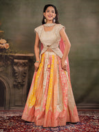 Ivory, Coral & Mustard Embroidered Lehenga Set with Designer Peplum Top & Pink Dupatta