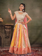 Ivory, Coral & Mustard Embroidered Lehenga Set with Designer Peplum Top & Pink Dupatta