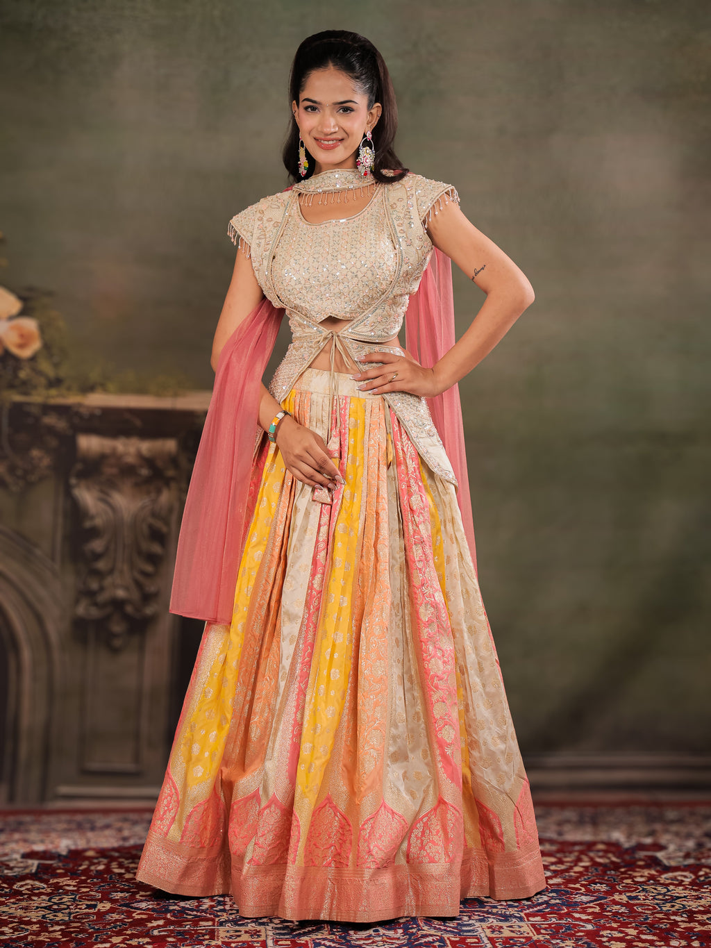 Ivory, Coral & Mustard Embroidered Lehenga Set with Designer Peplum Top & Pink Dupatta