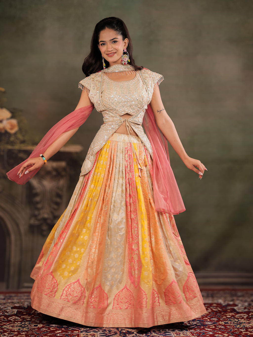 Ivory, Coral & Mustard Embroidered Lehenga Set with Designer Peplum Top & Pink Dupatta