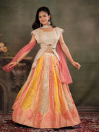 Ivory, Coral & Mustard Embroidered Lehenga Set with Designer Peplum Top & Pink Dupatta