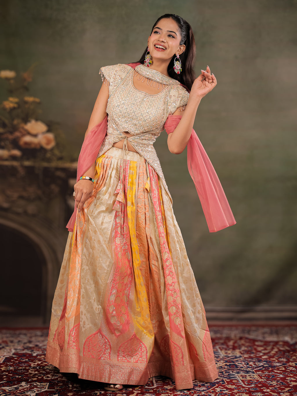 Ivory, Coral & Mustard Embroidered Lehenga Set with Designer Peplum Top & Pink Dupatta