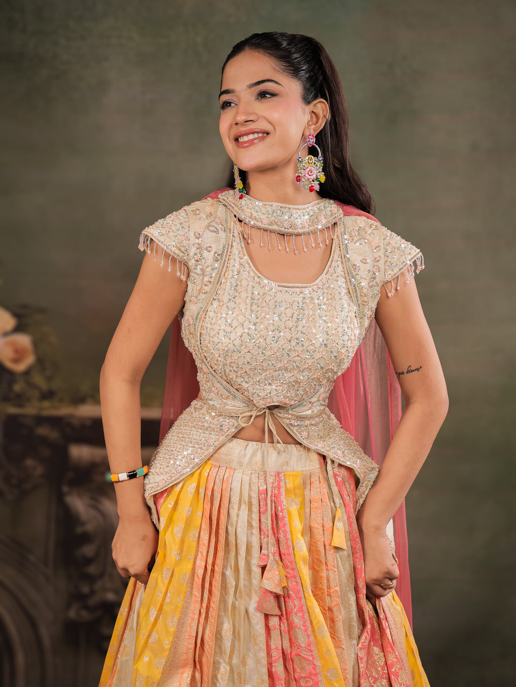 Ivory, Coral & Mustard Embroidered Lehenga Set with Designer Peplum Top & Pink Dupatta