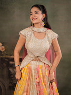 Ivory, Coral & Mustard Embroidered Lehenga Set with Designer Peplum Top & Pink Dupatta