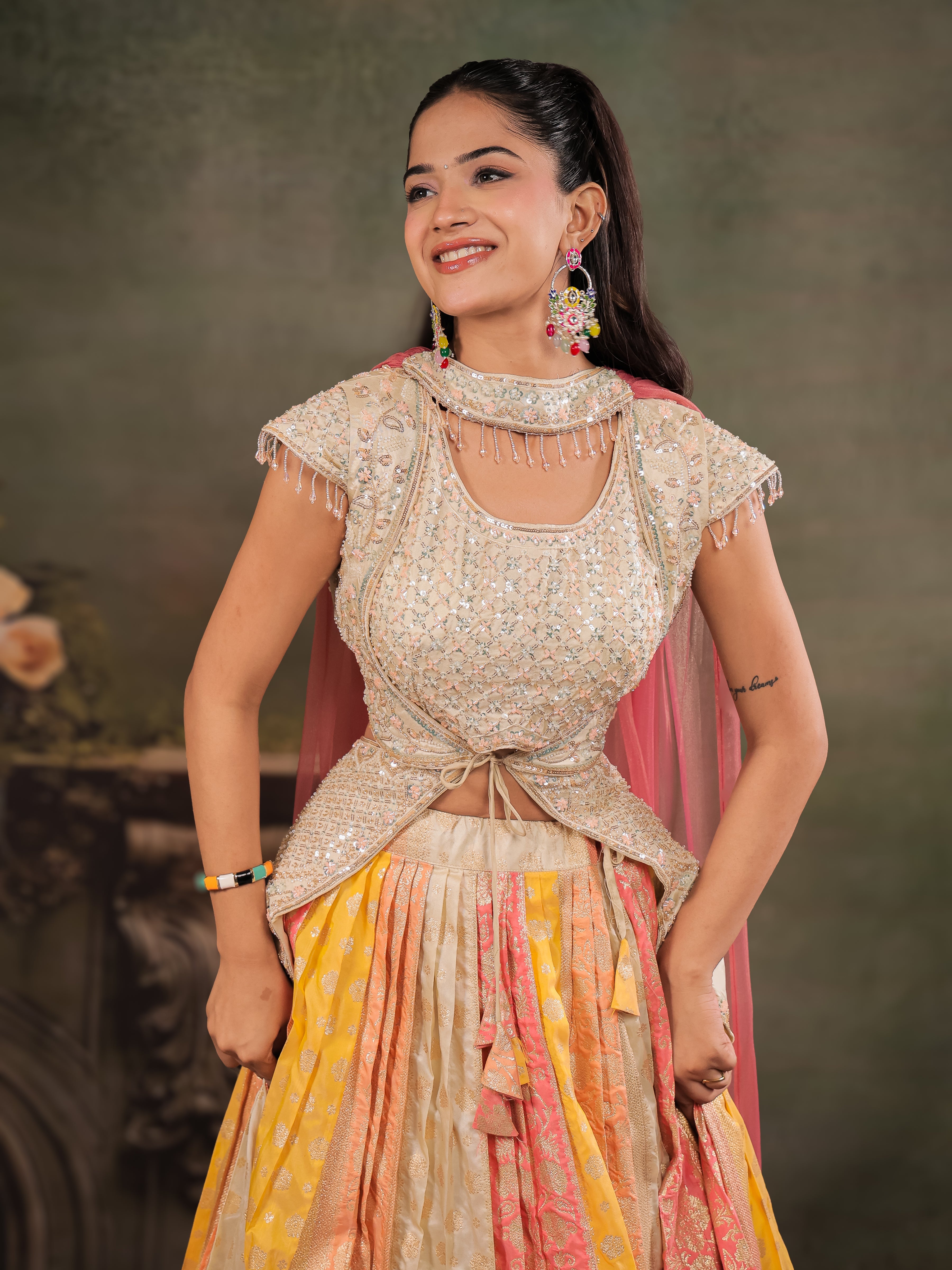 Ivory, Coral & Mustard Embroidered Lehenga Set with Designer Peplum Top & Pink Dupatta