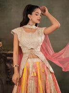 Ivory, Coral & Mustard Embroidered Lehenga Set with Designer Peplum Top & Pink Dupatta