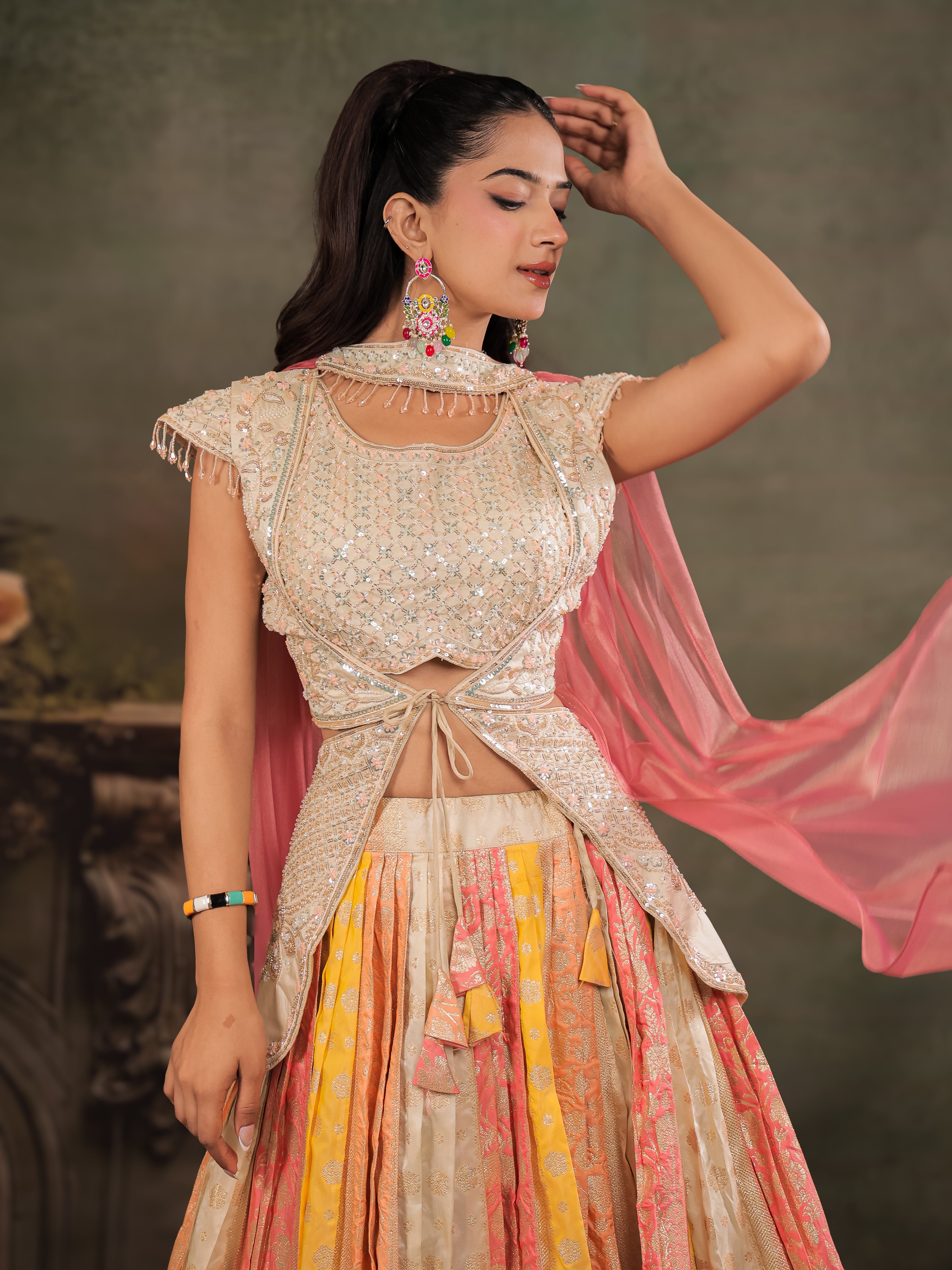 Ivory, Coral & Mustard Embroidered Lehenga Set with Designer Peplum Top & Pink Dupatta