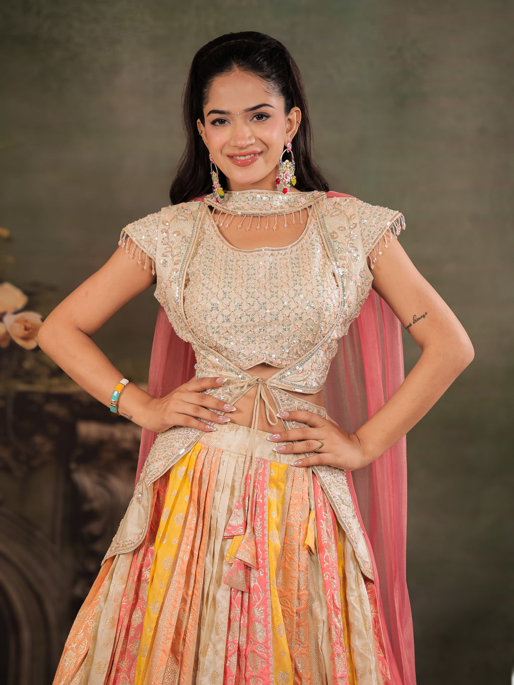 Ivory, Coral & Mustard Embroidered Lehenga Set with Designer Peplum Top & Pink Dupatta