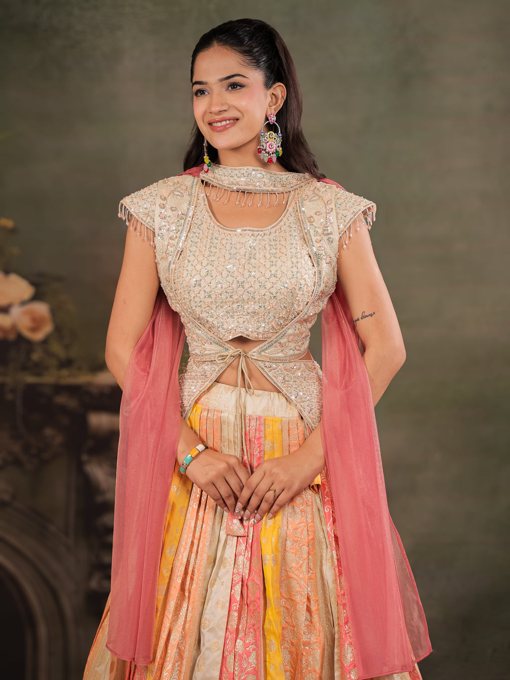 Ivory, Coral & Mustard Embroidered Lehenga Set with Designer Peplum Top & Pink Dupatta