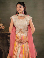 Ivory, Coral & Mustard Embroidered Lehenga Set with Designer Peplum Top & Pink Dupatta