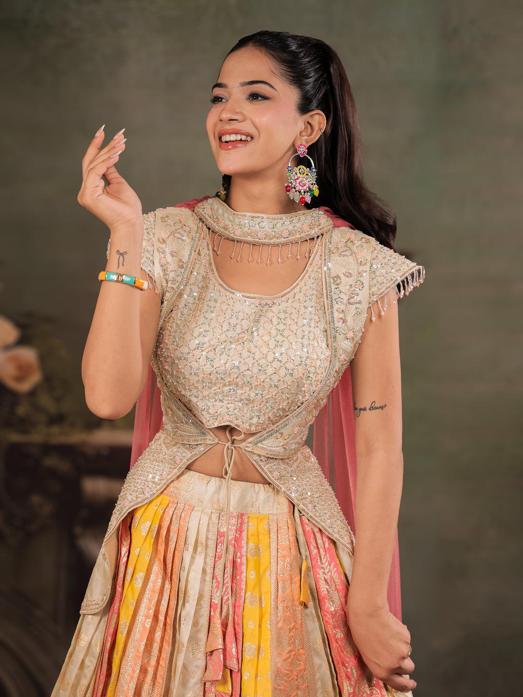 Ivory, Coral & Mustard Embroidered Lehenga Set with Designer Peplum Top & Pink Dupatta