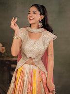 Ivory, Coral & Mustard Embroidered Lehenga Set with Designer Peplum Top & Pink Dupatta