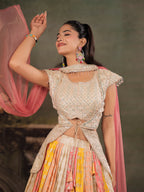 Ivory, Coral & Mustard Embroidered Lehenga Set with Designer Peplum Top & Pink Dupatta