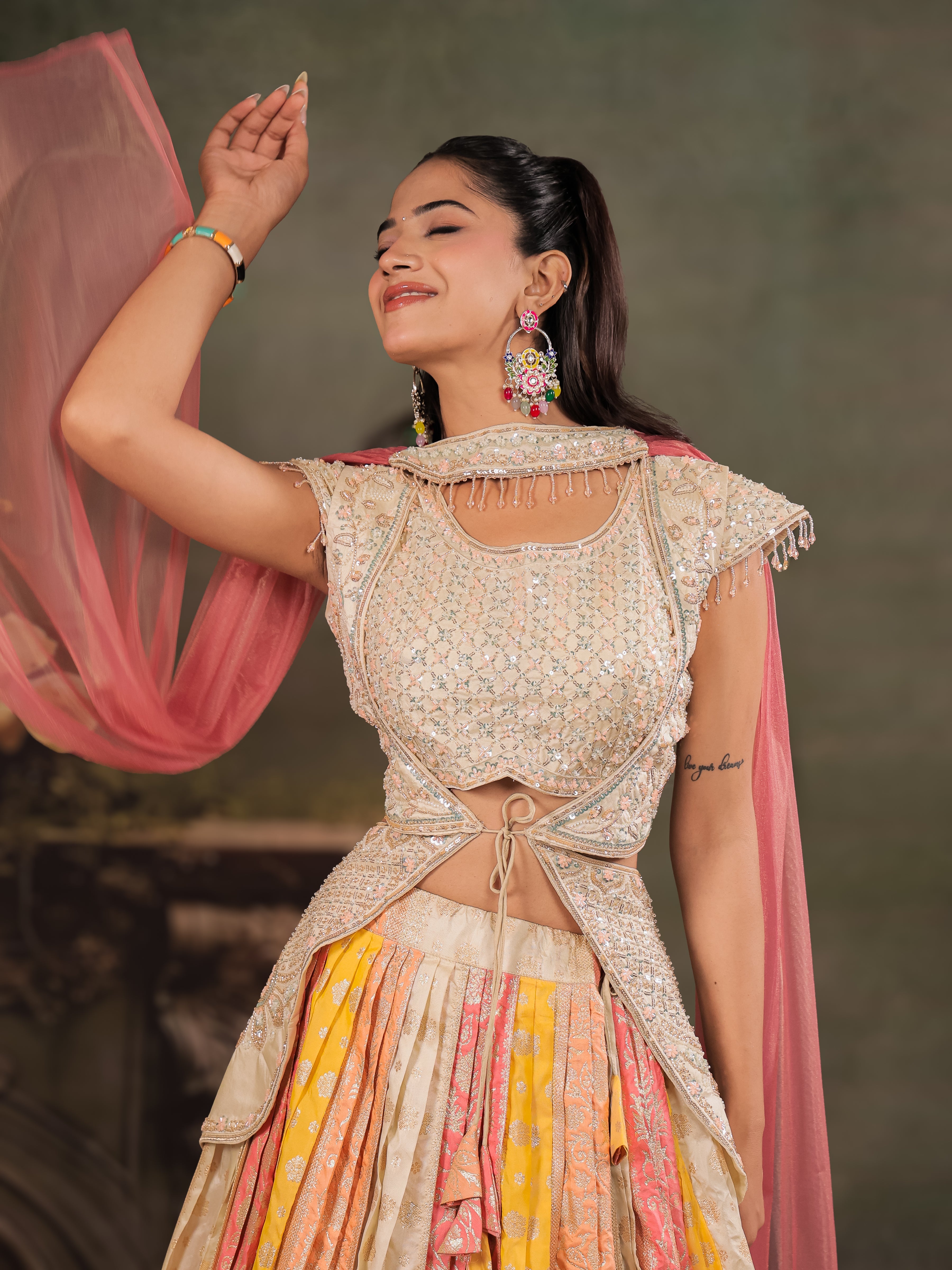 Ivory, Coral & Mustard Embroidered Lehenga Set with Designer Peplum Top & Pink Dupatta