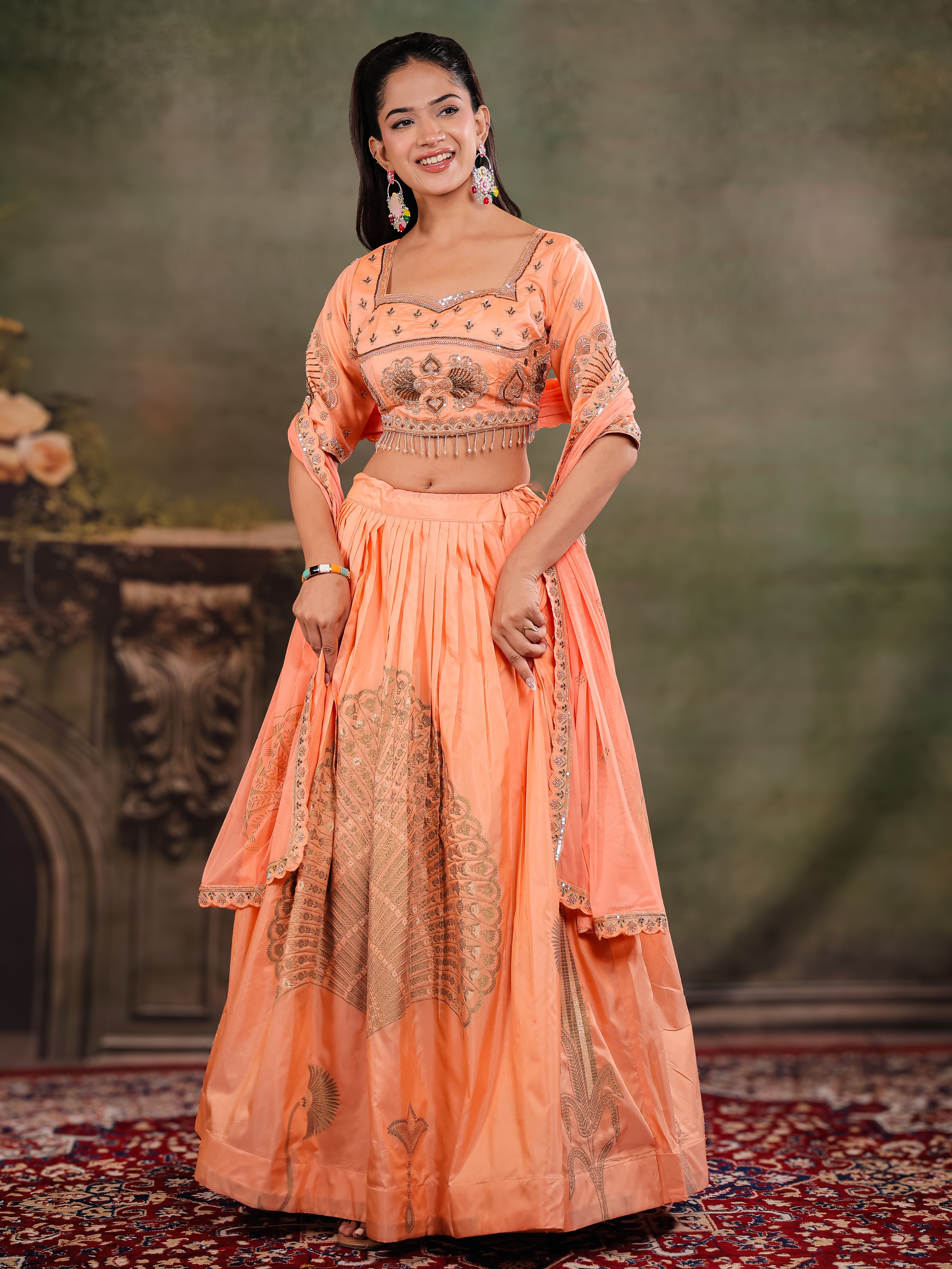 Peach Orange Embroidered Lehenga Set with Designer Blouse & Matching Dupatta