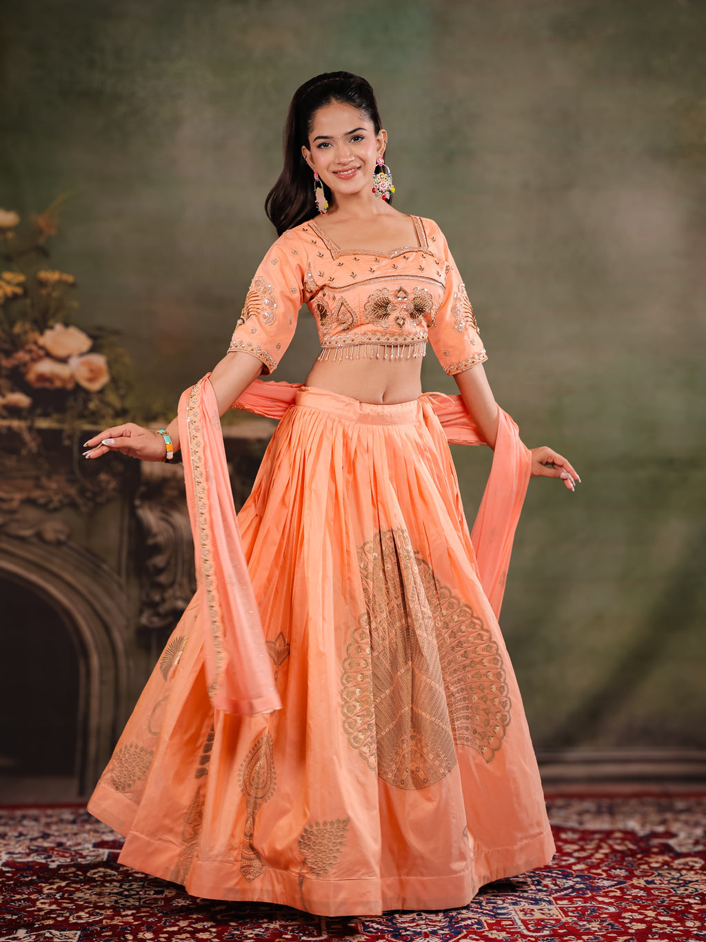 Peach Orange Embroidered Lehenga Set with Designer Blouse & Matching Dupatta