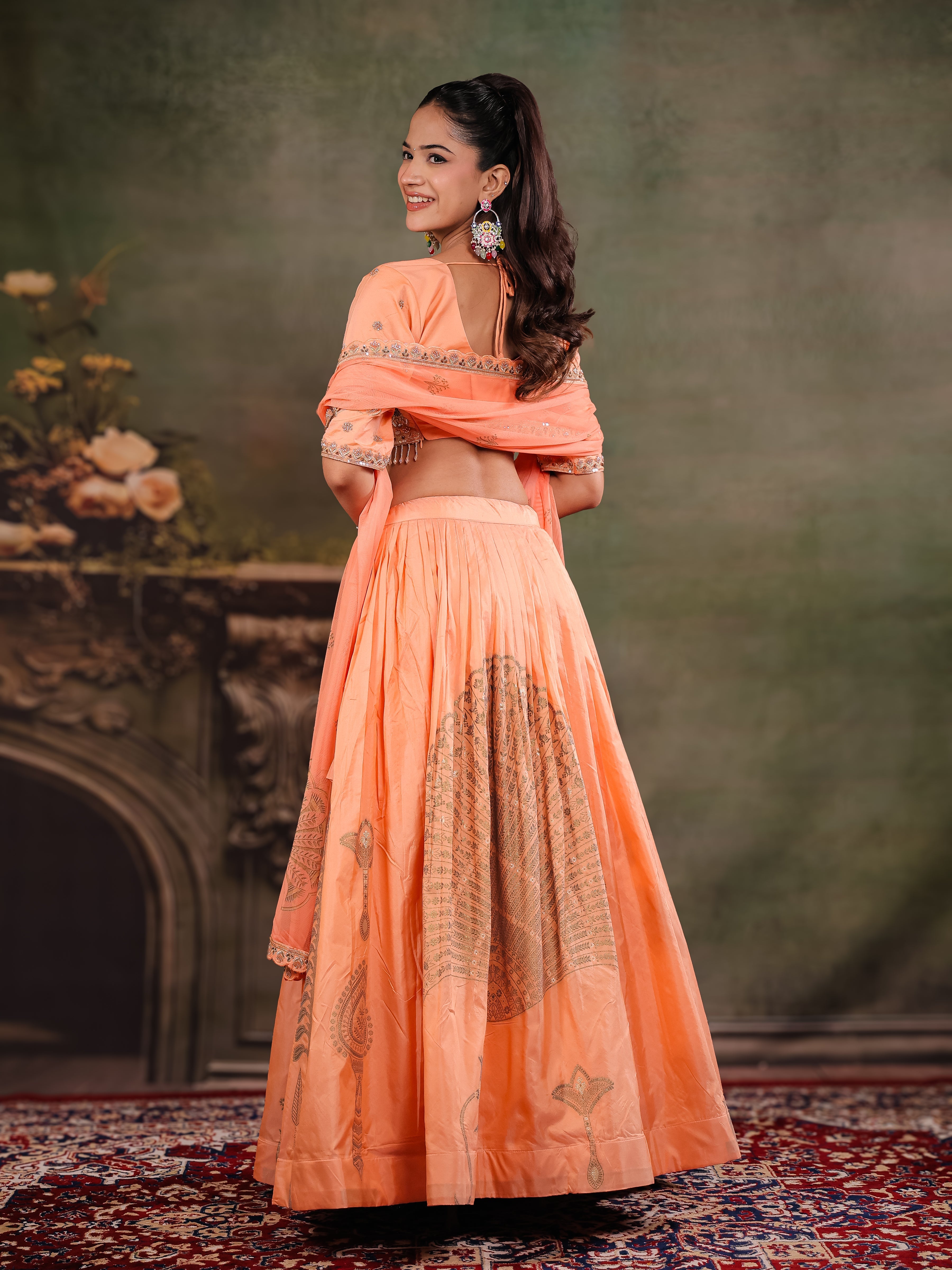 Peach Orange Embroidered Lehenga Set with Designer Blouse & Matching Dupatta