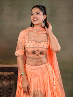 Peach Orange Embroidered Lehenga Set with Designer Blouse & Matching Dupatta