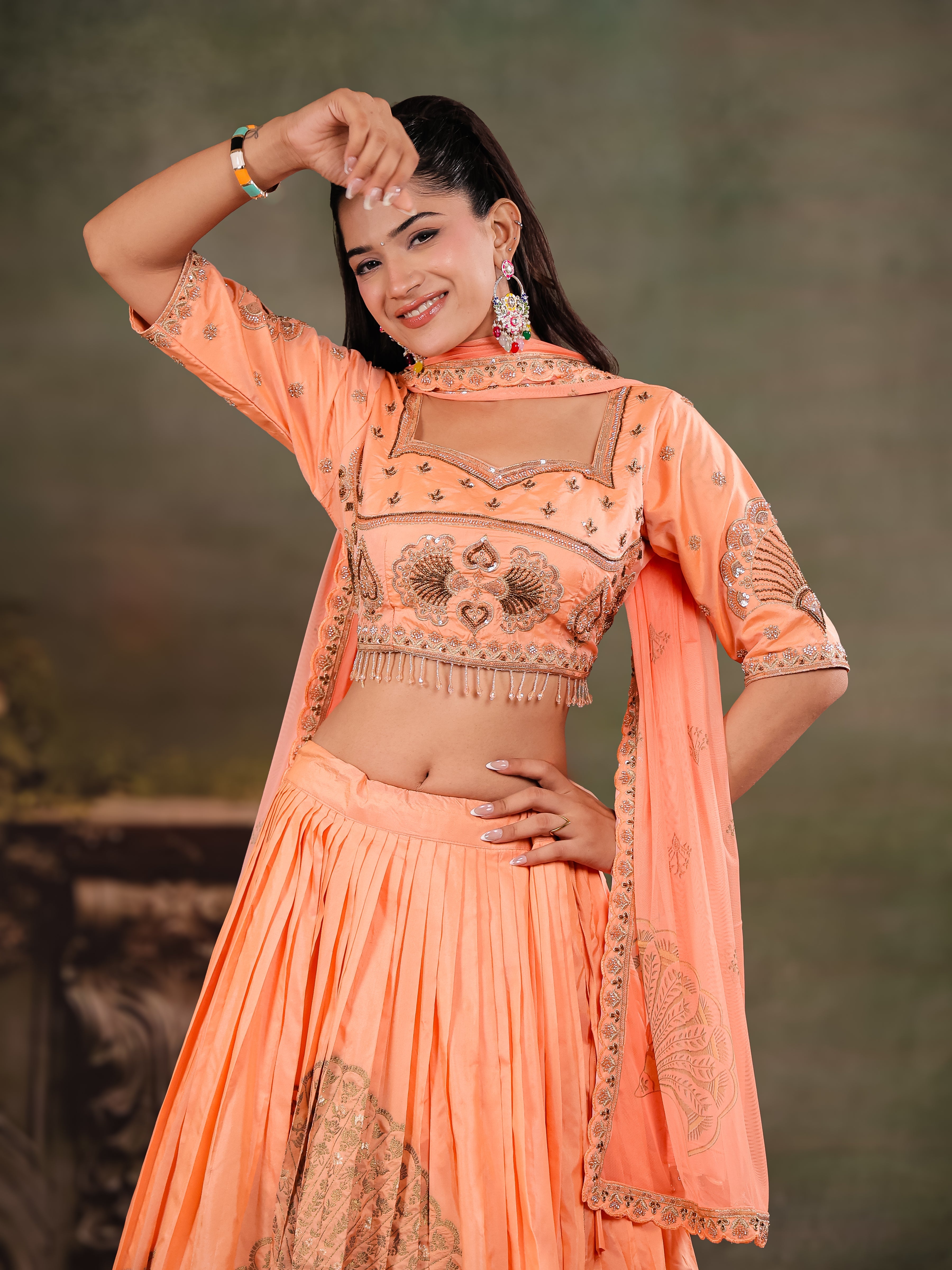 Peach Orange Embroidered Lehenga Set with Designer Blouse & Matching Dupatta