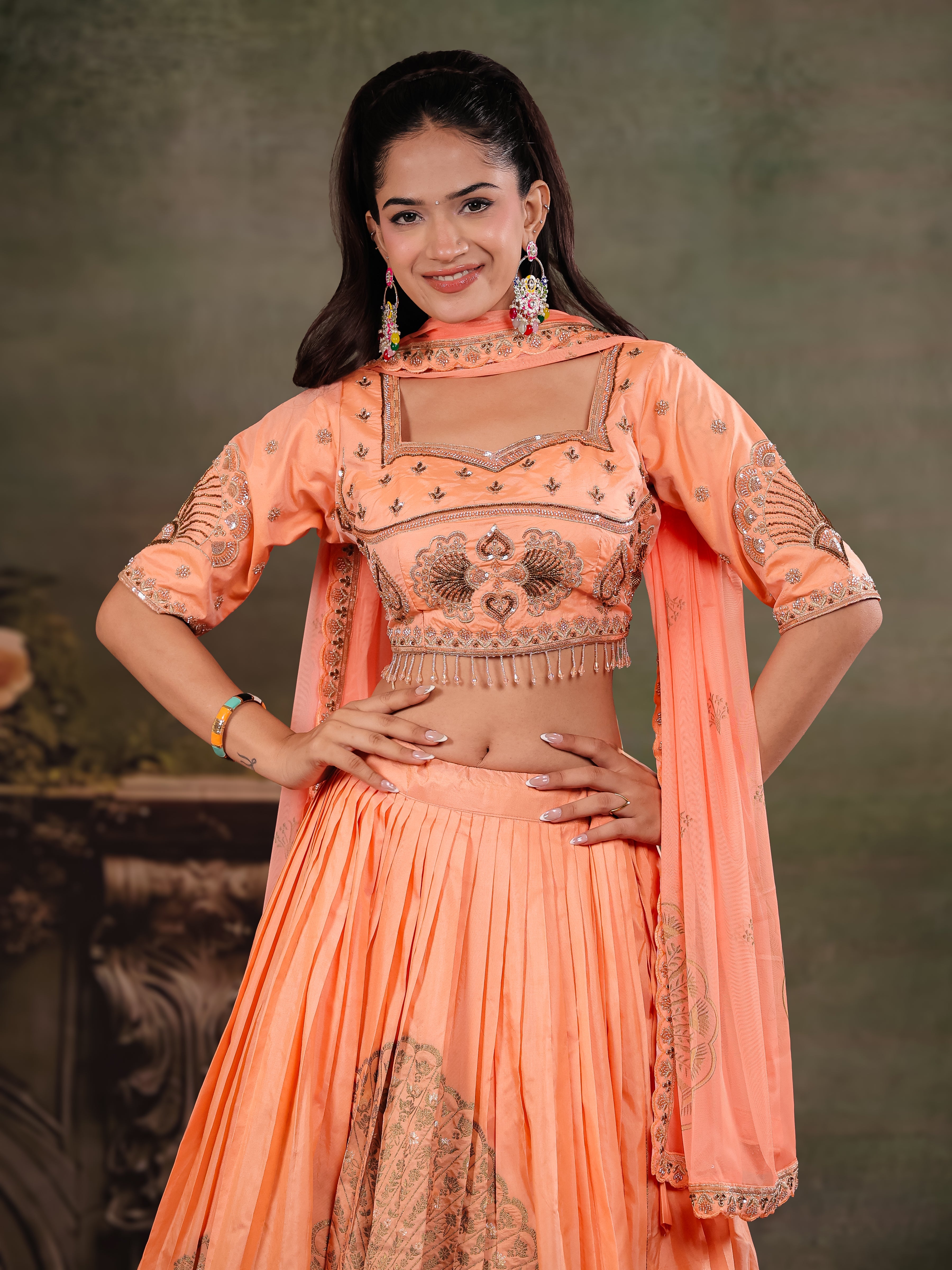 Peach Orange Embroidered Lehenga Set with Designer Blouse & Matching Dupatta
