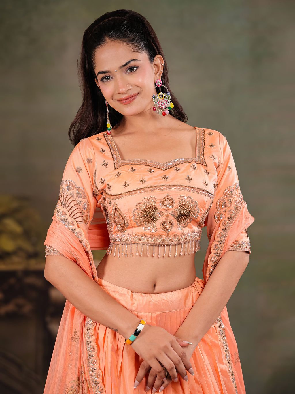 Peach Orange Embroidered Lehenga Set with Designer Blouse & Matching Dupatta