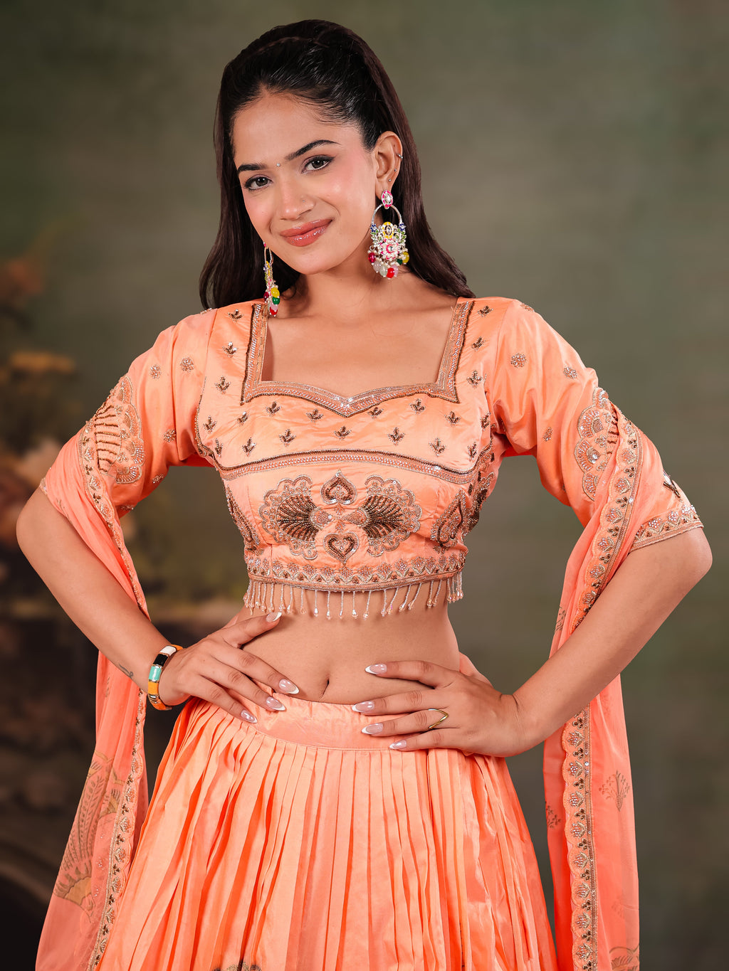 Peach Orange Embroidered Lehenga Set with Designer Blouse & Matching Dupatta