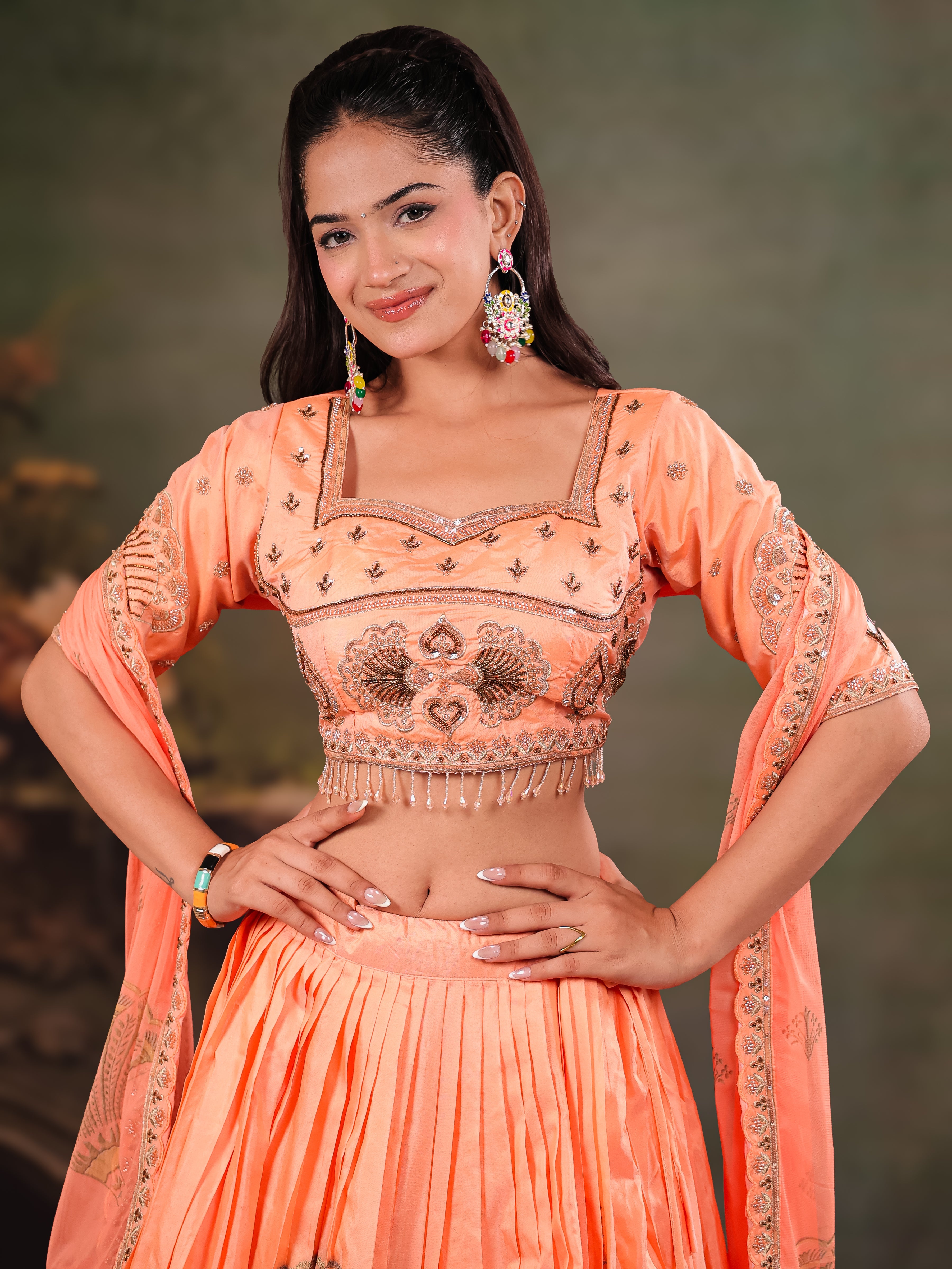 Peach Orange Embroidered Lehenga Set with Designer Blouse & Matching Dupatta