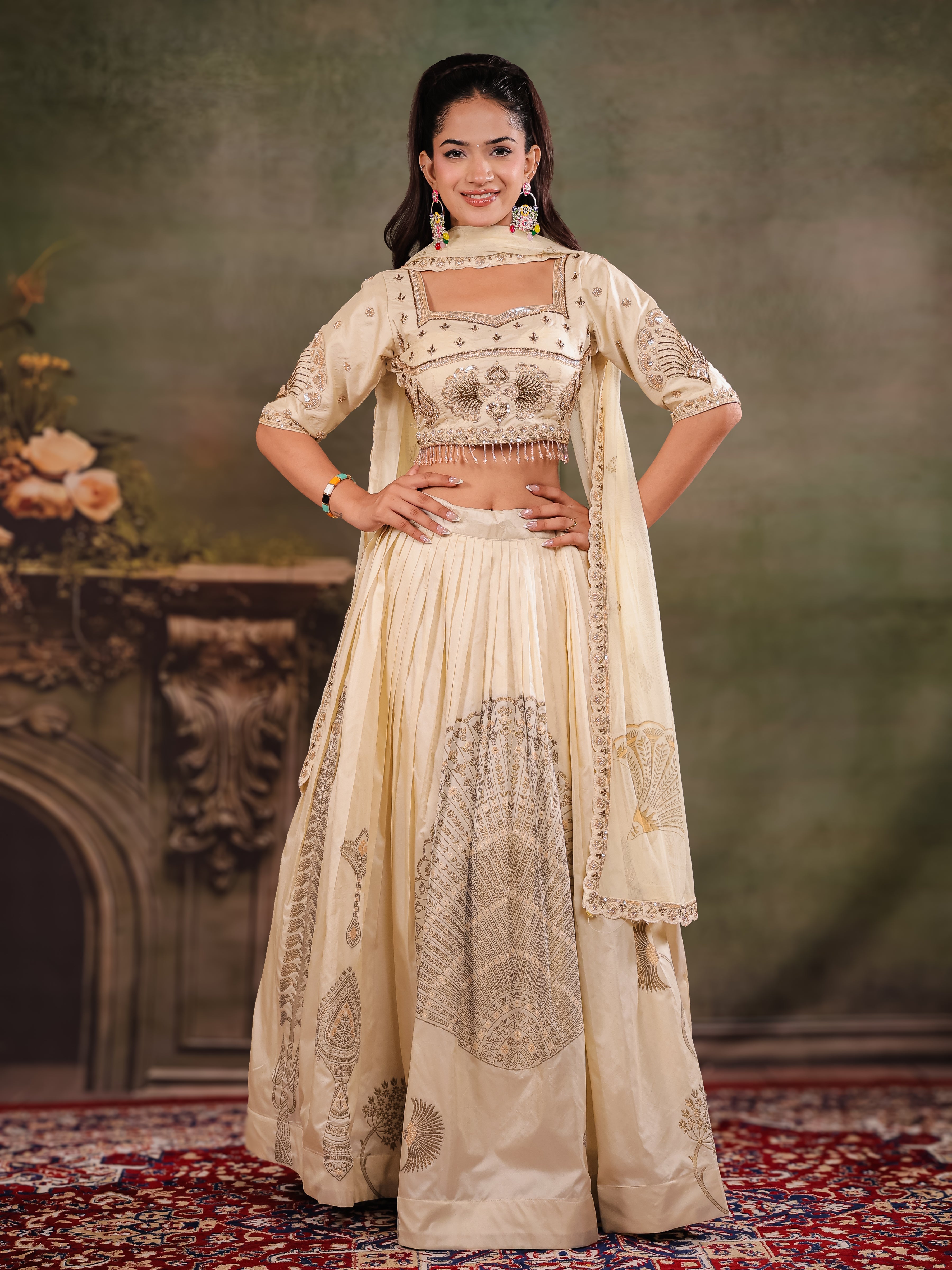 Ivory Cream Embroidered Lehenga Set with Designer Blouse & Matching Dupatta
