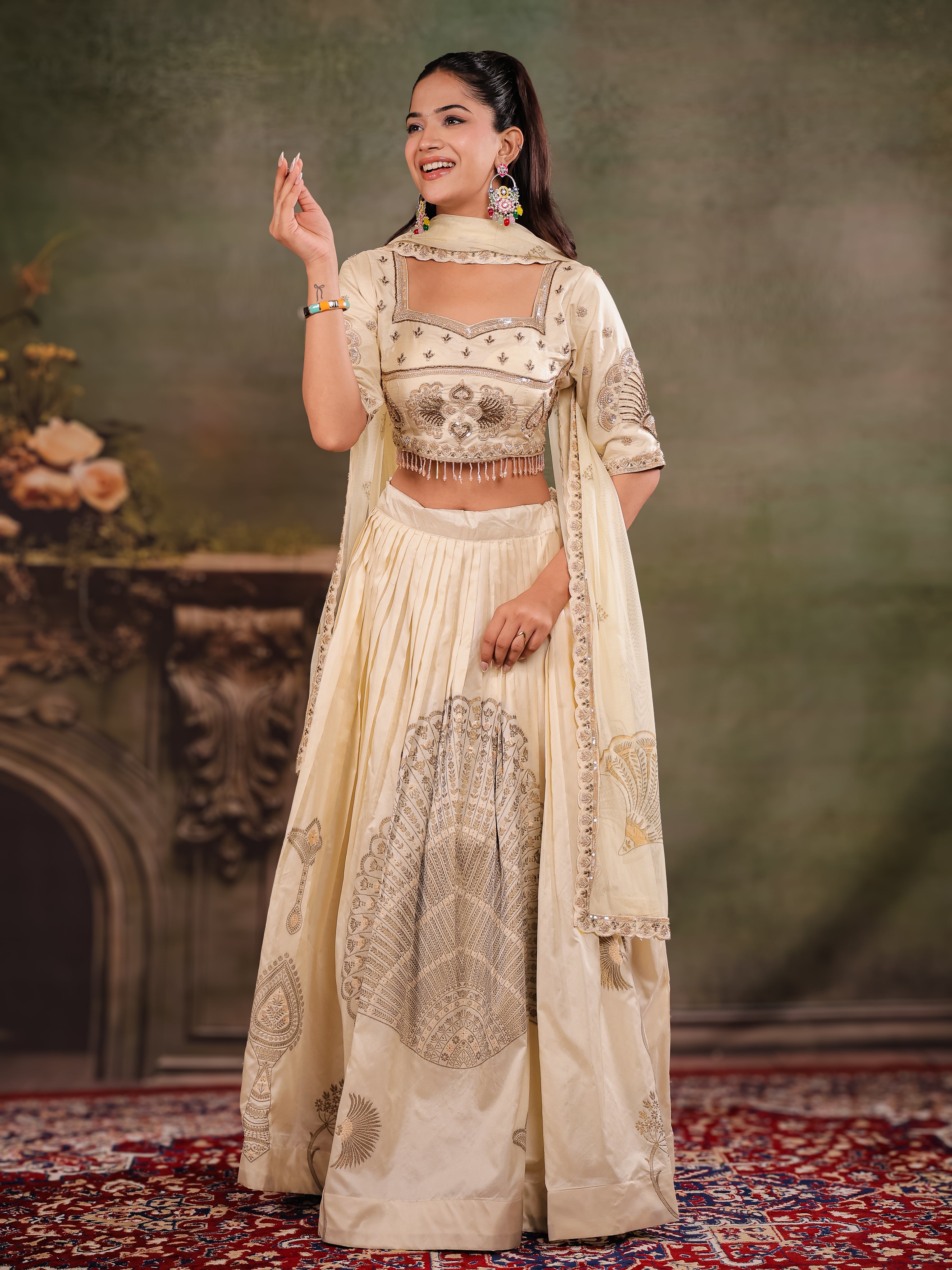 Ivory Cream Embroidered Lehenga Set with Designer Blouse & Matching Dupatta