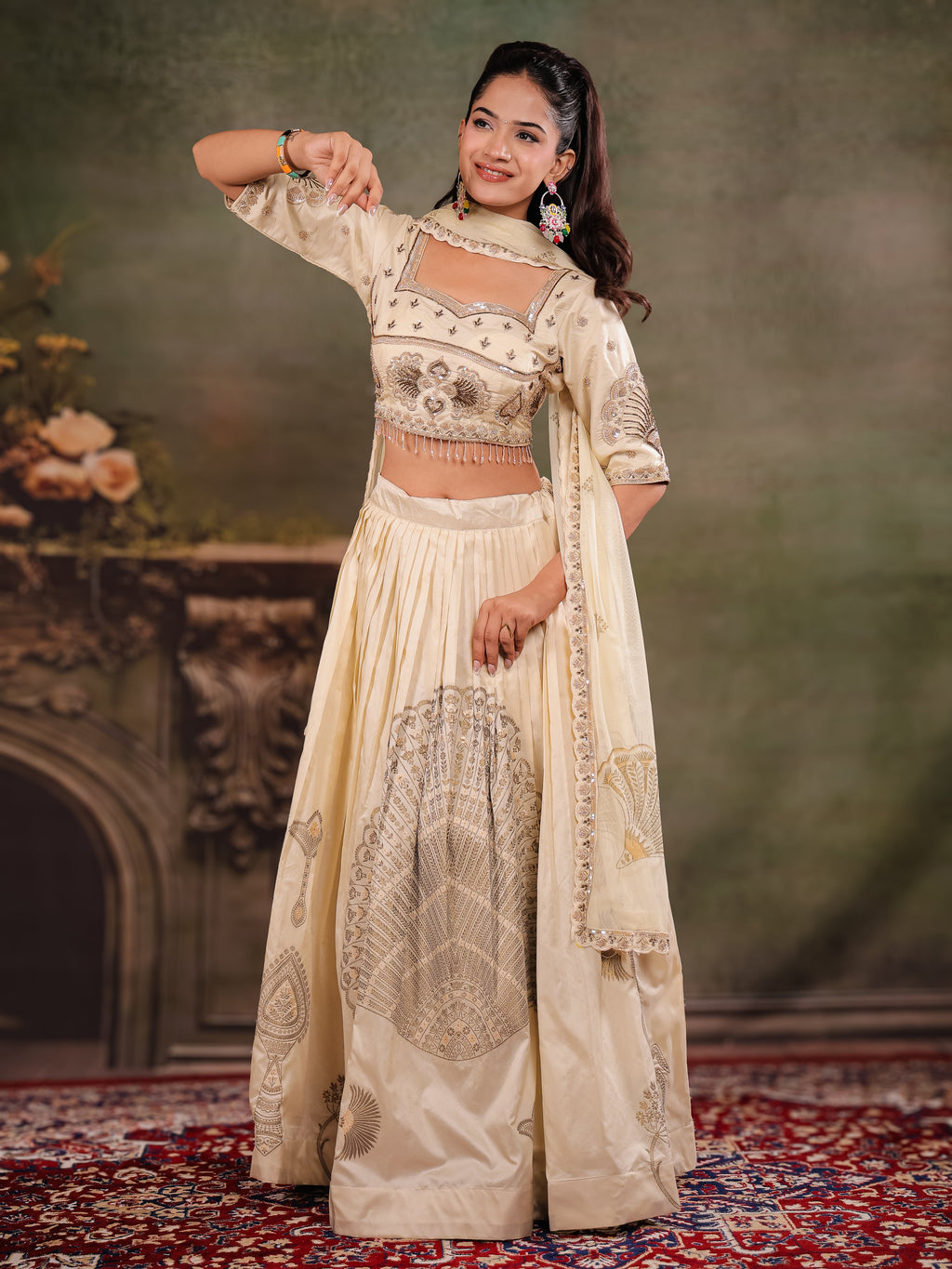 Ivory Cream Embroidered Lehenga Set with Designer Blouse & Matching Dupatta