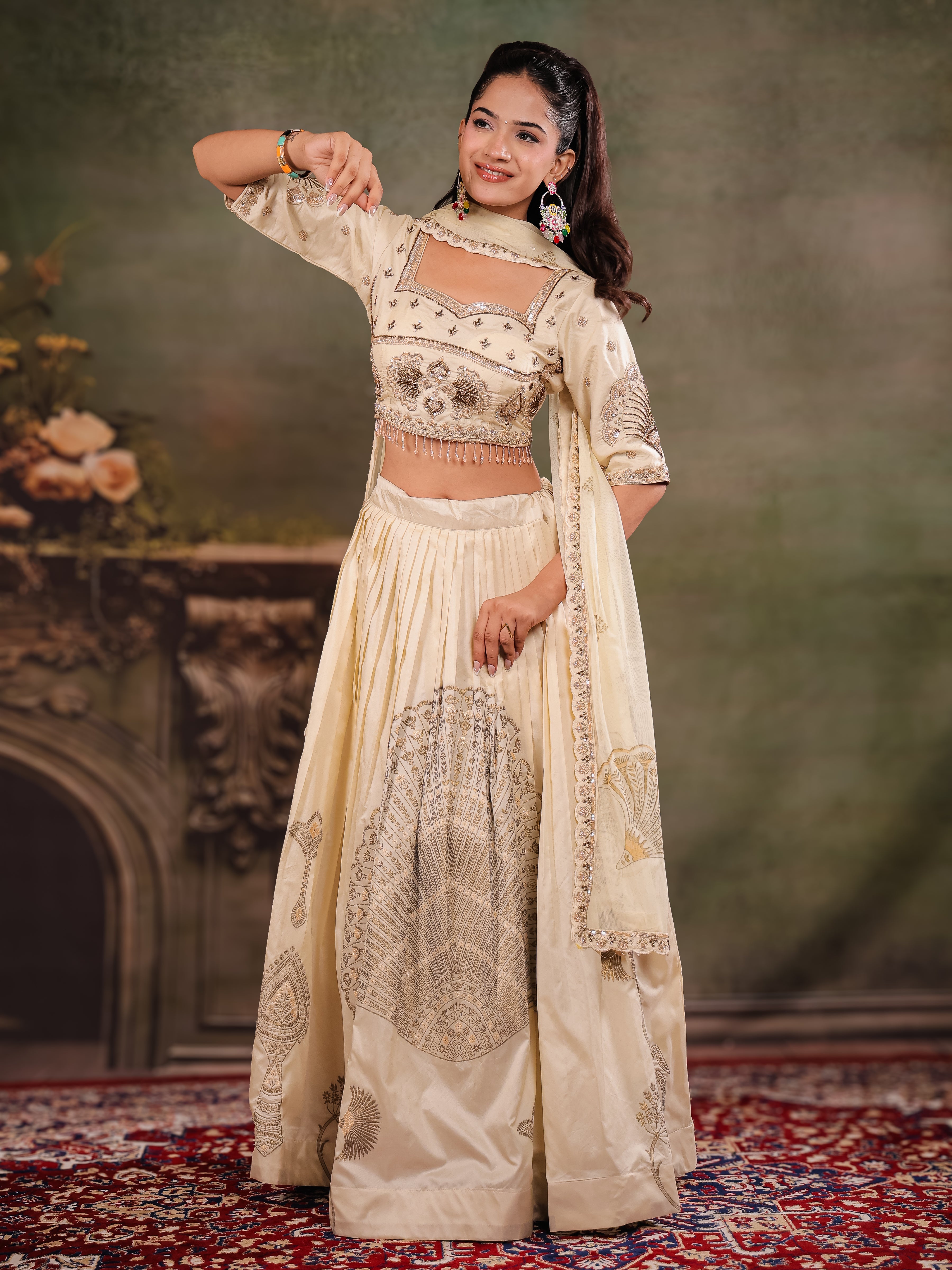 Ivory Cream Embroidered Lehenga Set with Designer Blouse & Matching Dupatta
