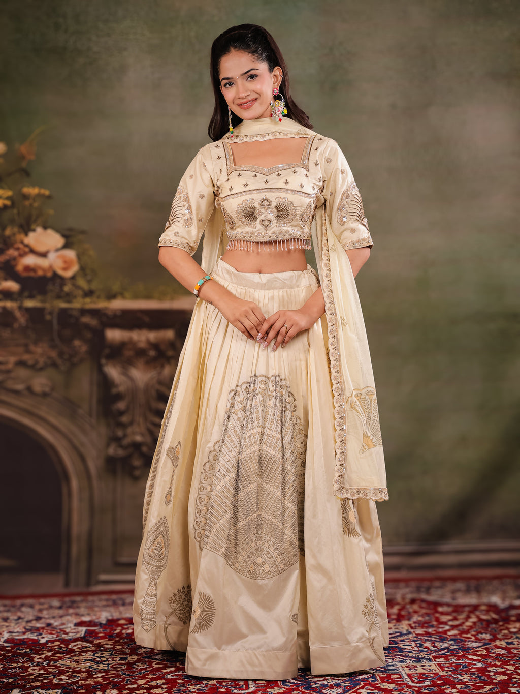 Ivory Cream Embroidered Lehenga Set with Designer Blouse & Matching Dupatta