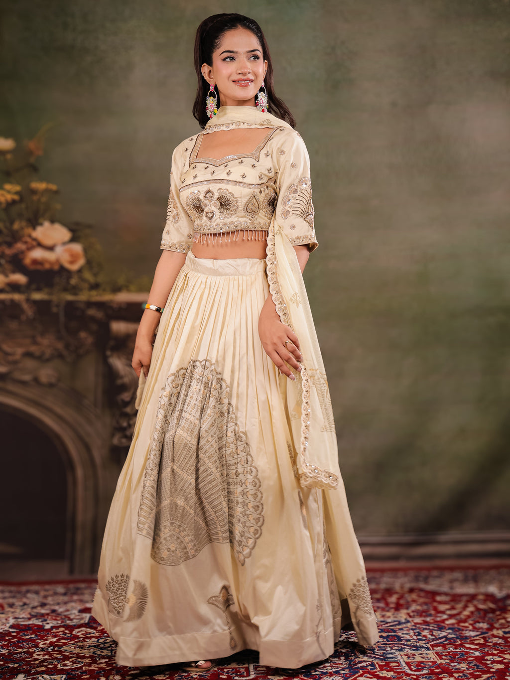 Ivory Cream Embroidered Lehenga Set with Designer Blouse & Matching Dupatta