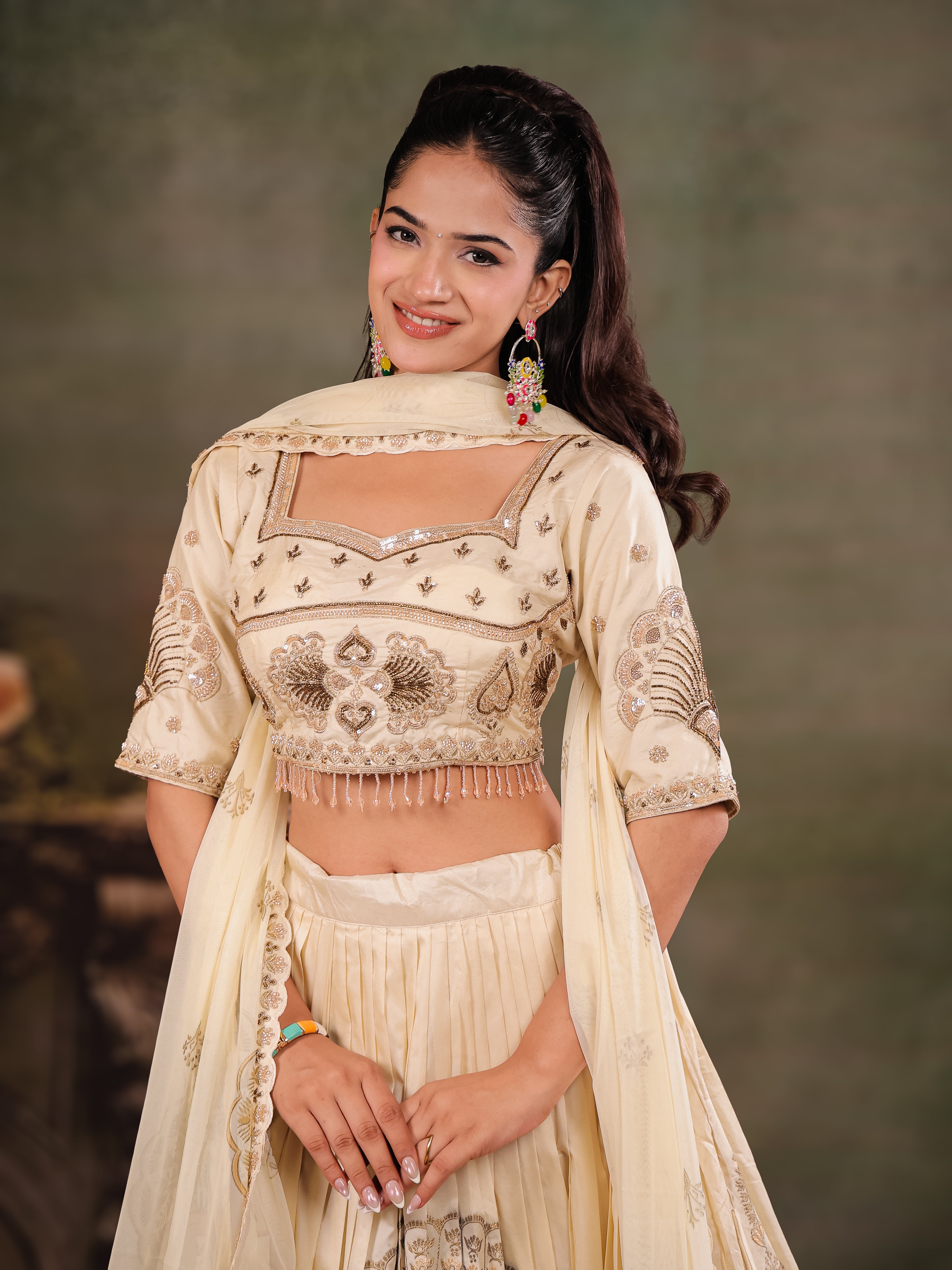 Ivory Cream Embroidered Lehenga Set with Designer Blouse & Matching Dupatta