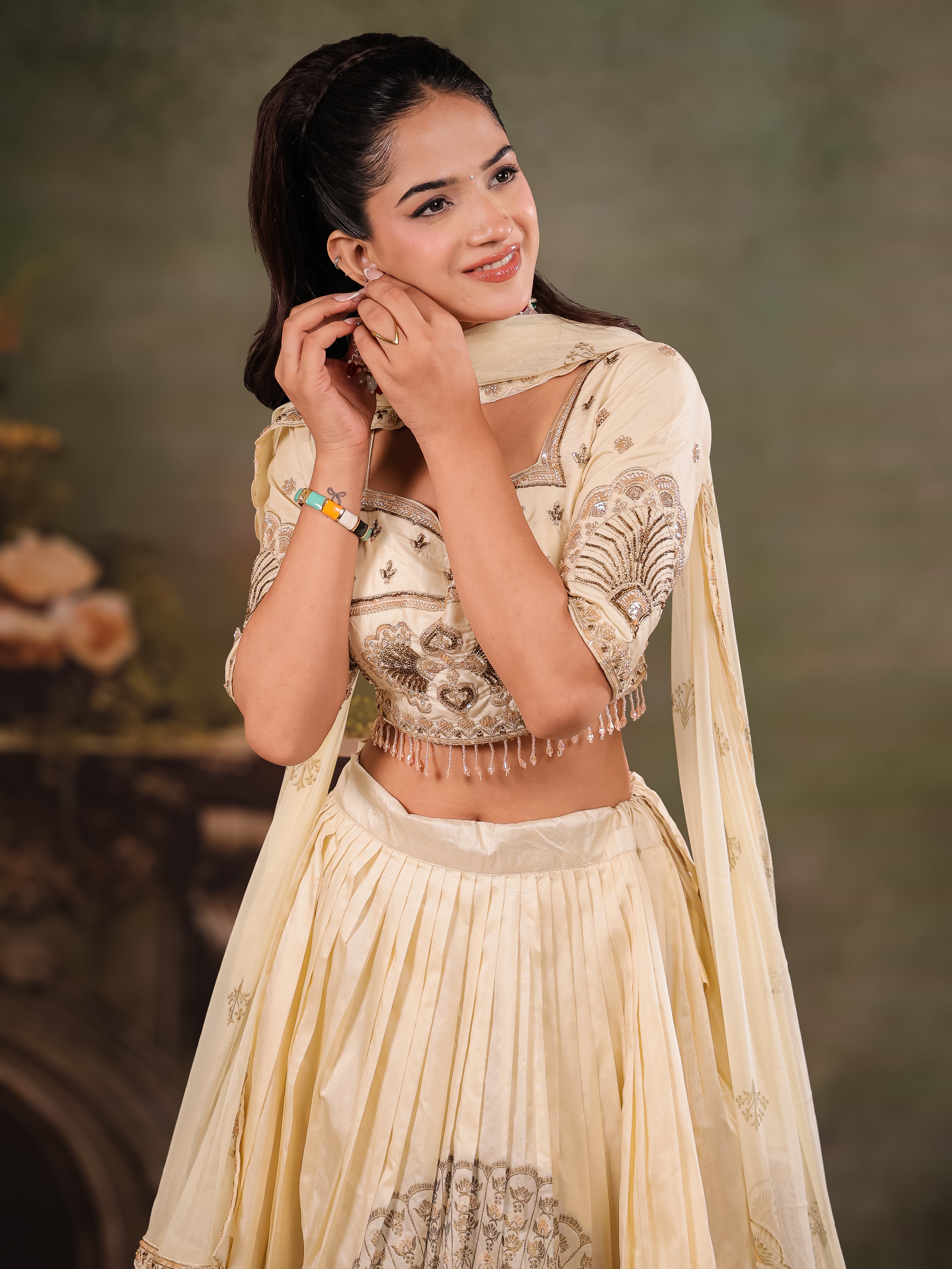 Ivory Cream Embroidered Lehenga Set with Designer Blouse & Matching Dupatta