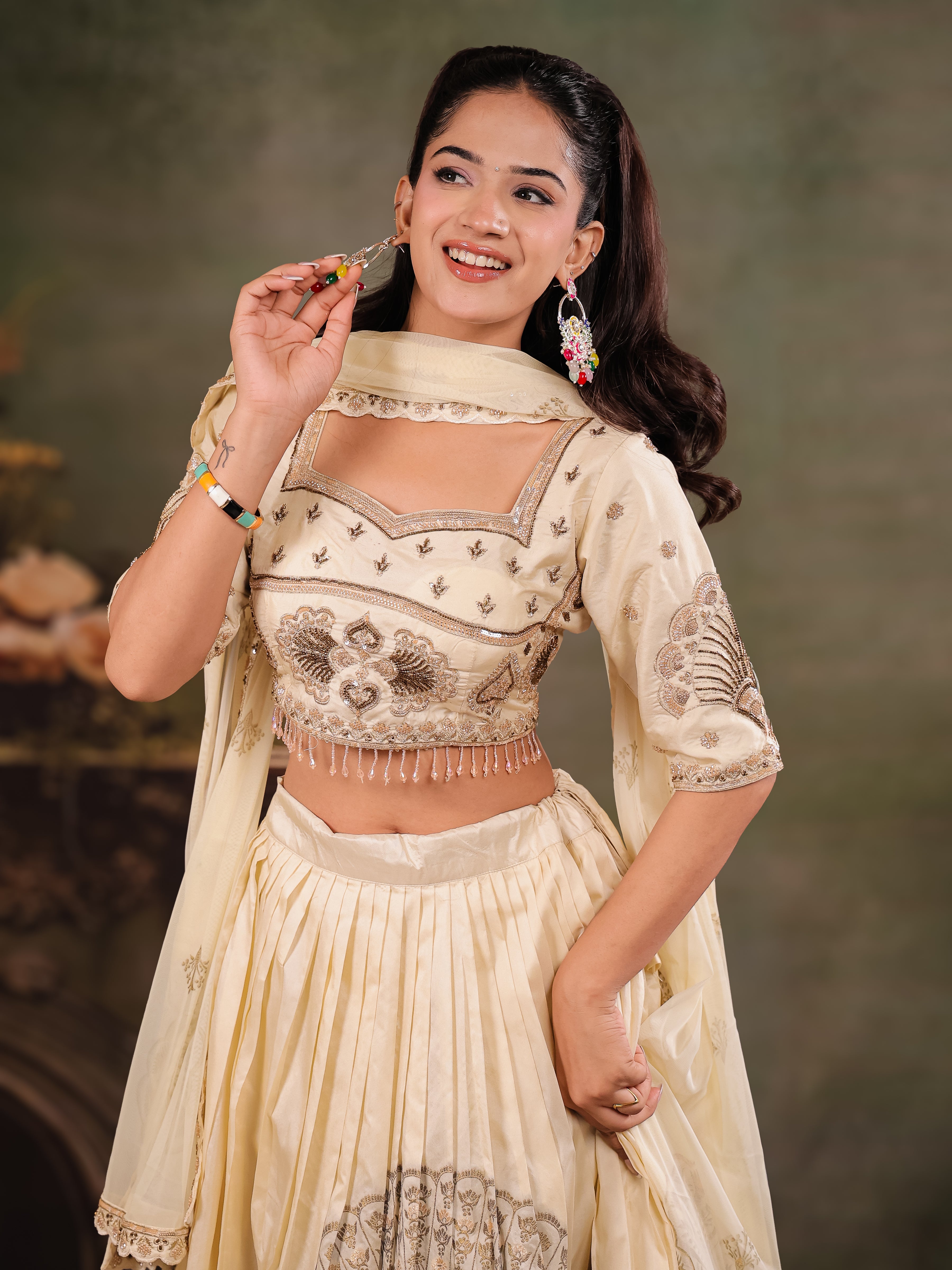 Ivory Cream Embroidered Lehenga Set with Designer Blouse & Matching Dupatta