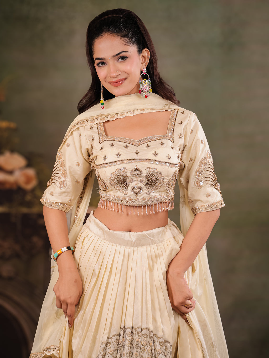Ivory Cream Embroidered Lehenga Set with Designer Blouse & Matching Dupatta