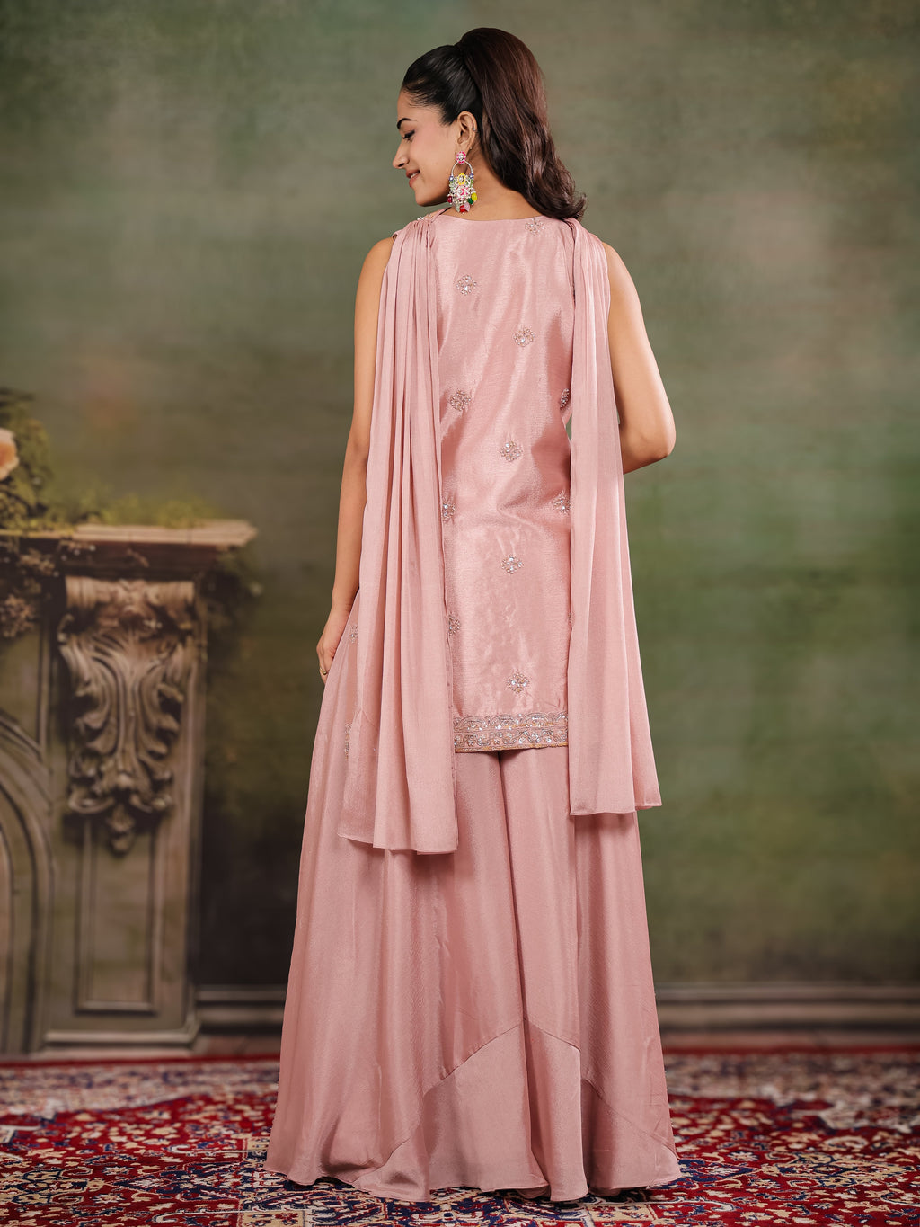 Blush Pink Embroidered Kurta Set with Wide-Leg Palazzo & Matching Dupatta