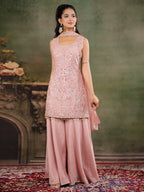 Blush Pink Embroidered Kurta Set with Wide-Leg Palazzo & Matching Dupatta