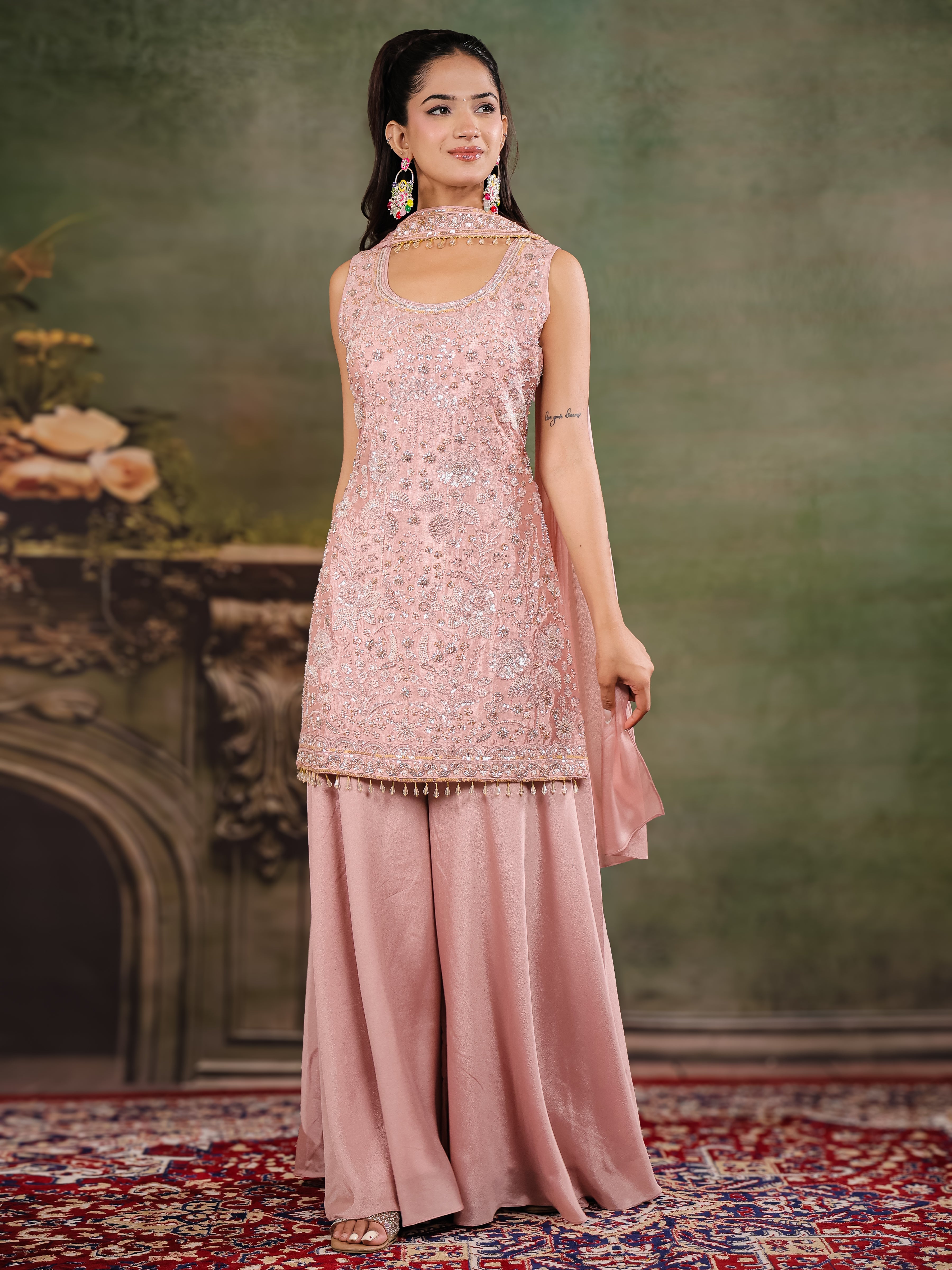 Blush Pink Embroidered Kurta Set with Wide-Leg Palazzo & Matching Dupatta