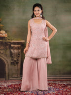 Blush Pink Embroidered Kurta Set with Wide-Leg Palazzo & Matching Dupatta
