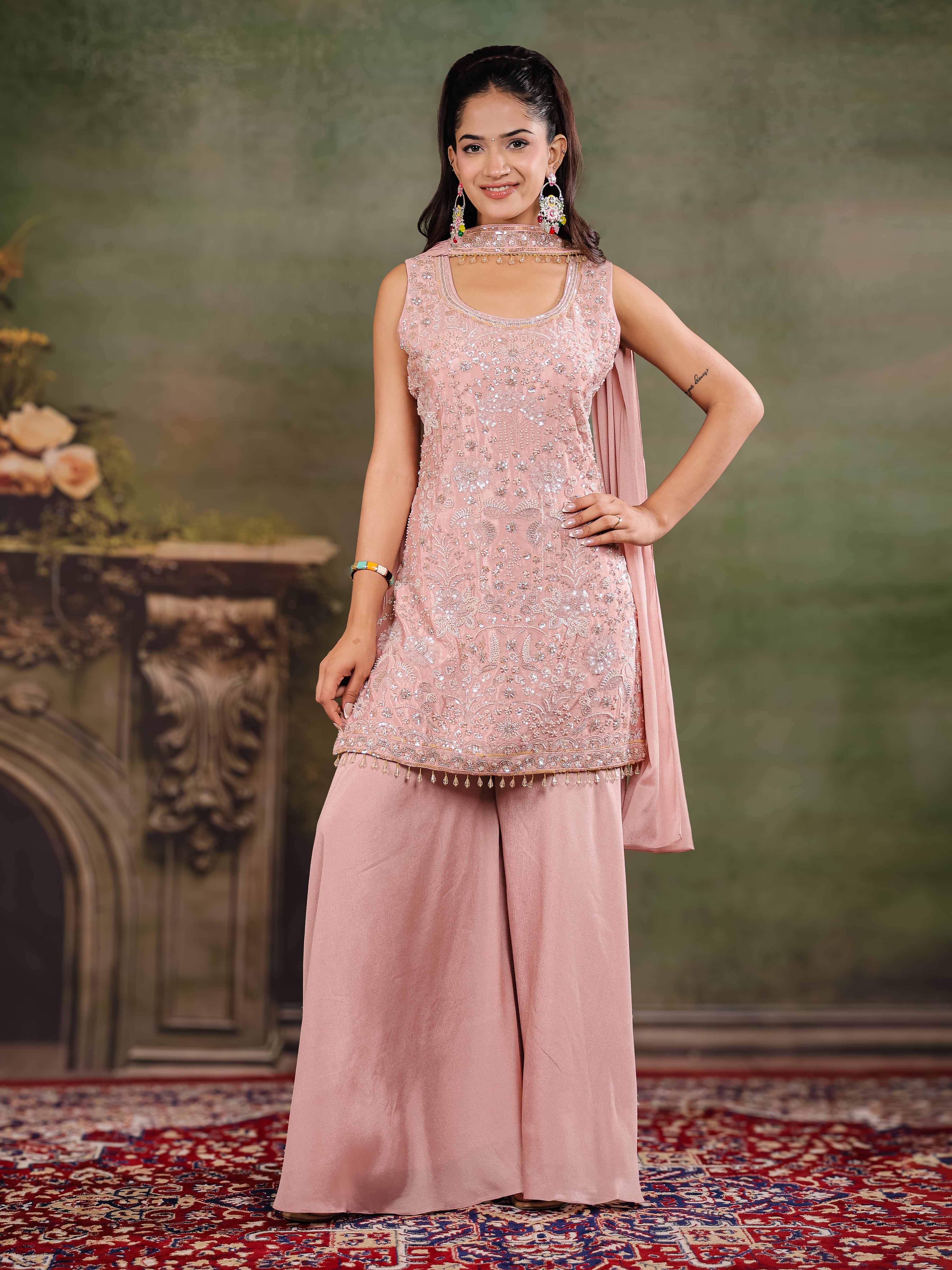 Blush Pink Embroidered Kurta Set with Wide-Leg Palazzo & Matching Dupatta