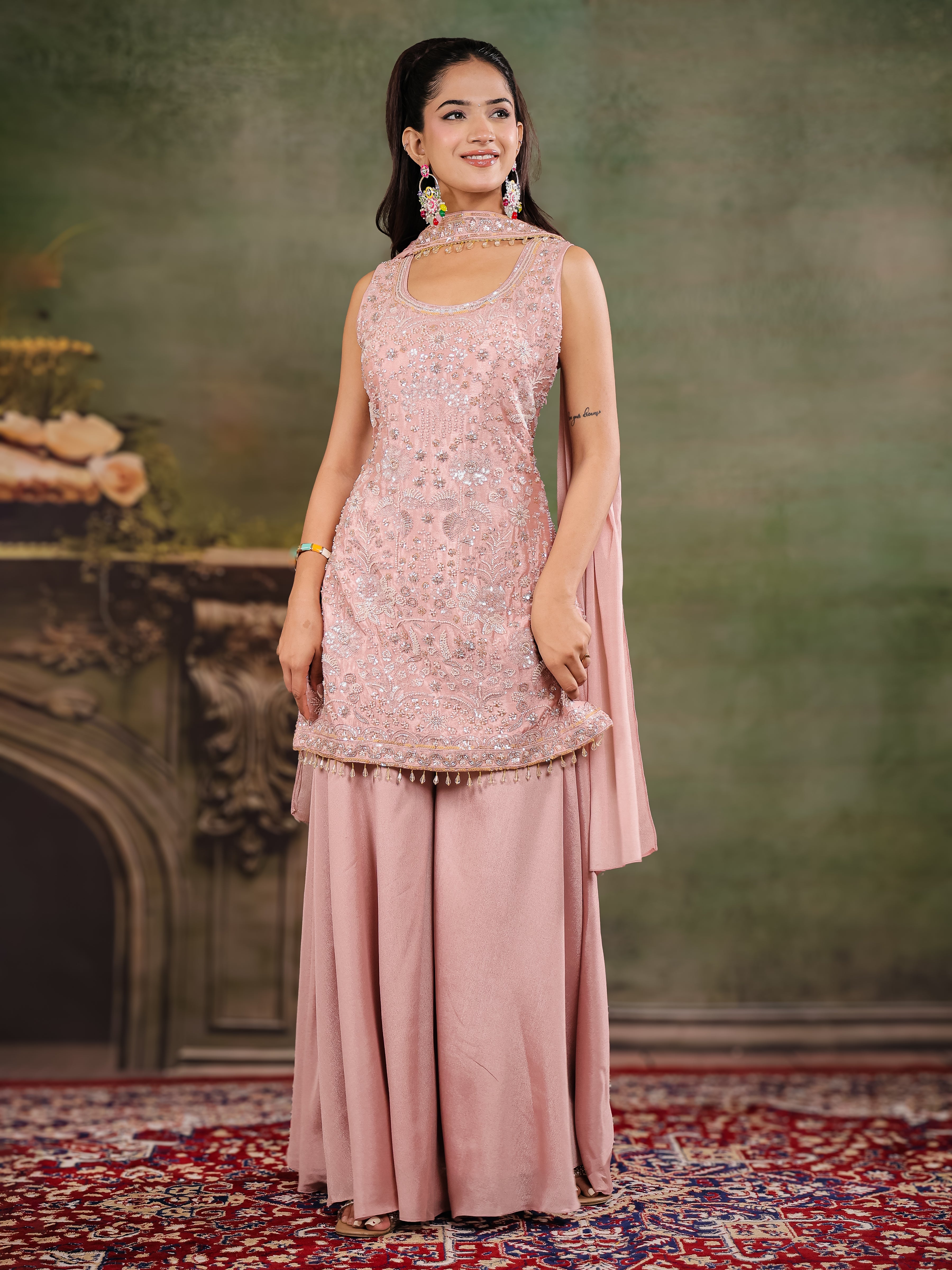 Blush Pink Embroidered Kurta Set with Wide-Leg Palazzo & Matching Dupatta