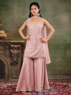 Blush Pink Embroidered Kurta Set with Wide-Leg Palazzo & Matching Dupatta