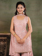 Blush Pink Embroidered Kurta Set with Wide-Leg Palazzo & Matching Dupatta