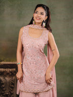 Blush Pink Embroidered Kurta Set with Wide-Leg Palazzo & Matching Dupatta