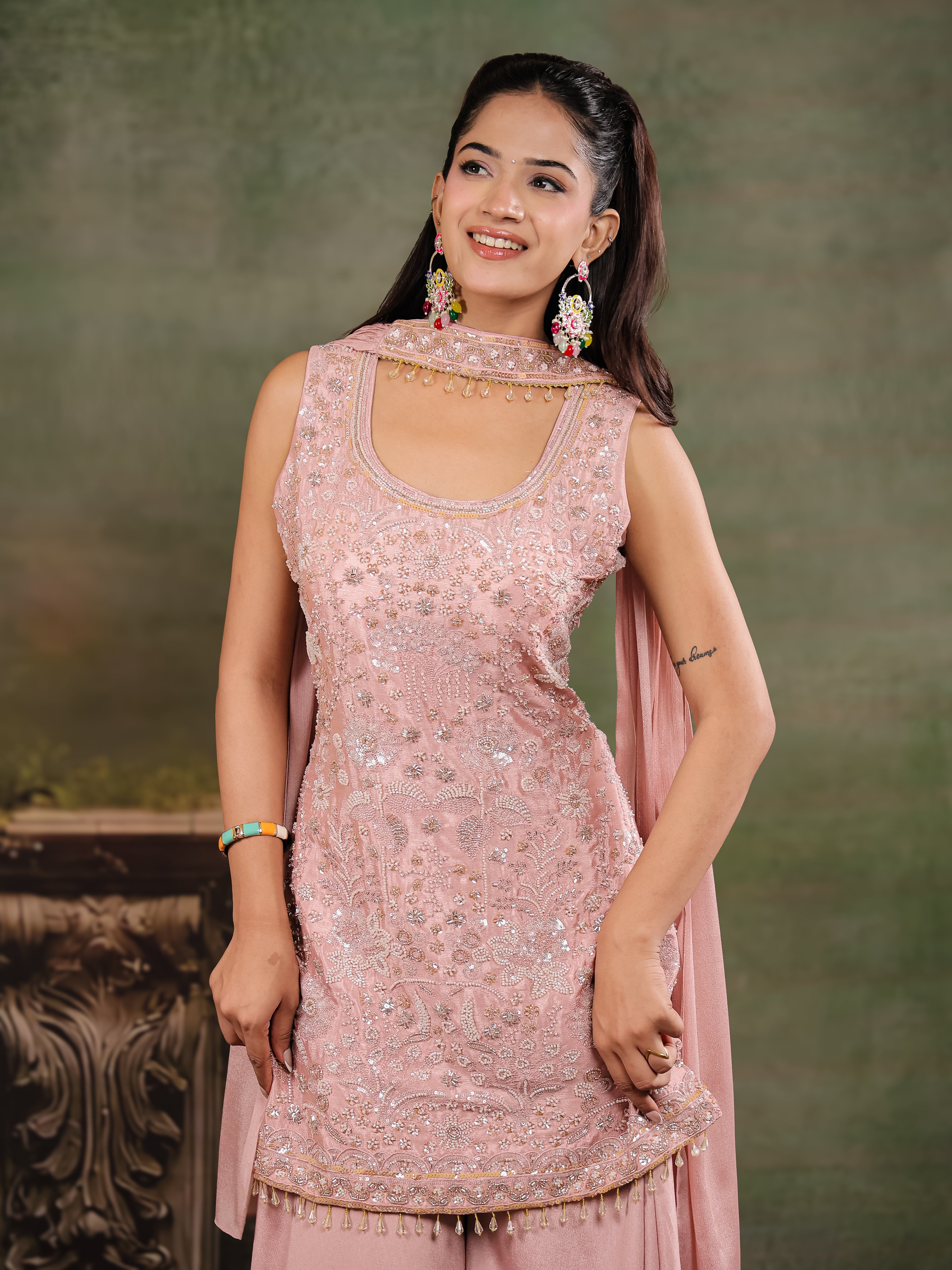 Blush Pink Embroidered Kurta Set with Wide-Leg Palazzo & Matching Dupatta