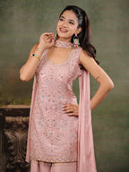 Blush Pink Embroidered Kurta Set with Wide-Leg Palazzo & Matching Dupatta