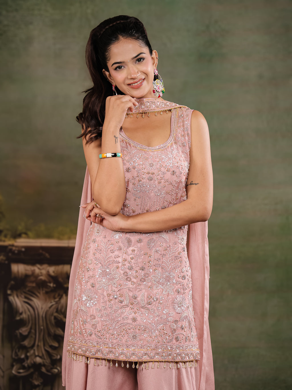 Blush Pink Embroidered Kurta Set with Wide-Leg Palazzo & Matching Dupatta